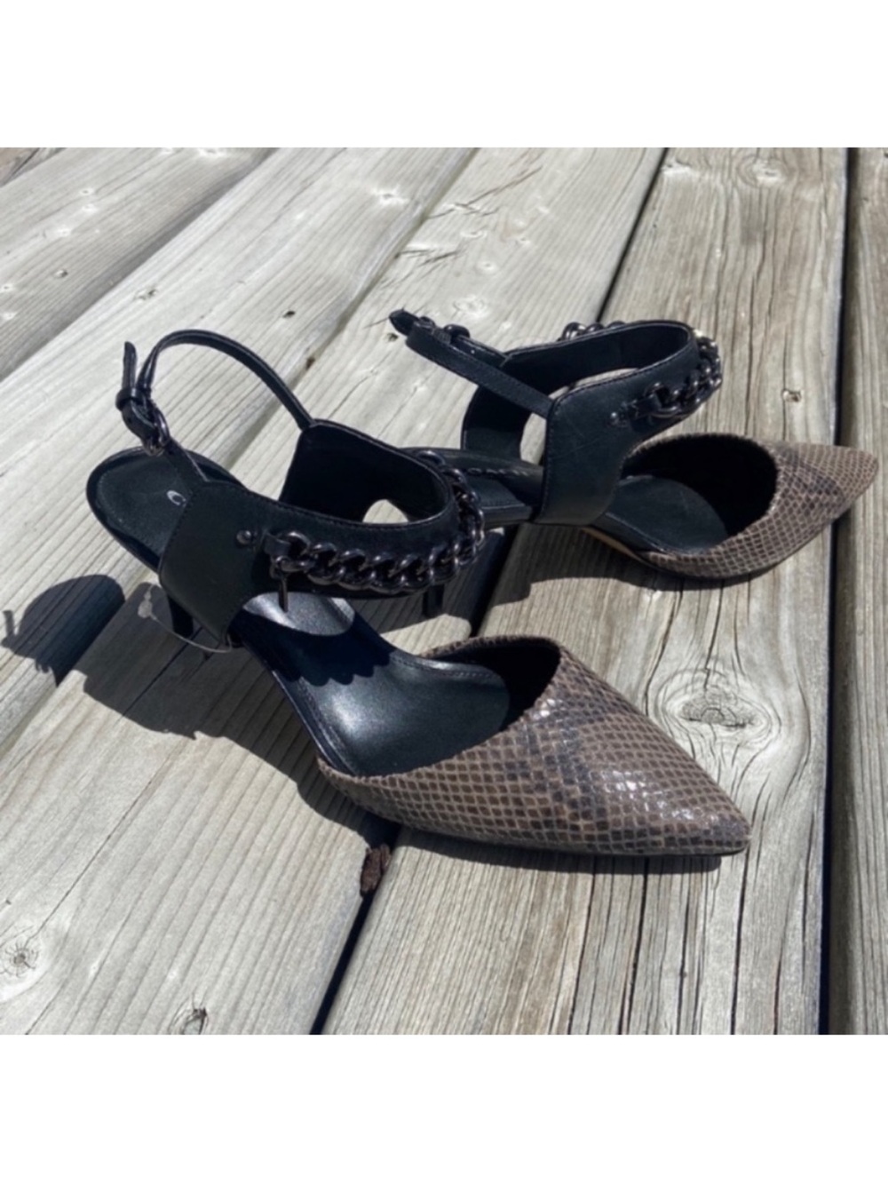 Coach Pointed Snake-Print & Black Chain Ankle Strap Heels